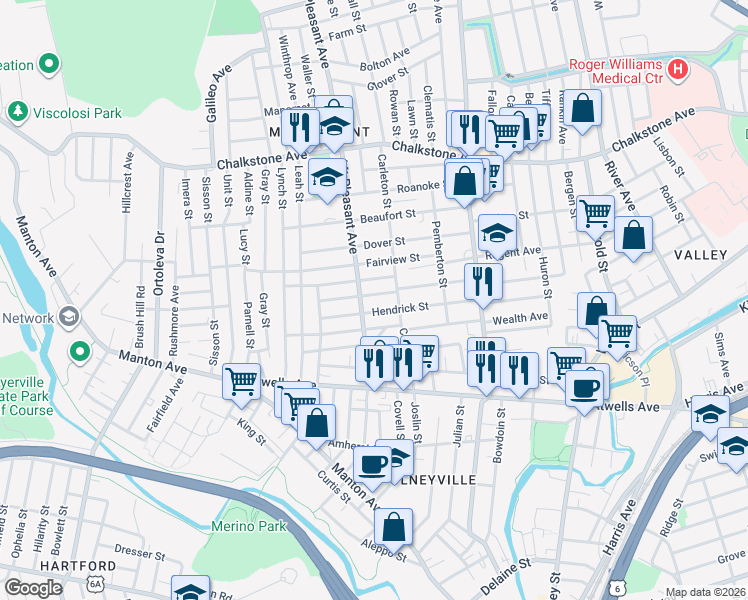 map of restaurants, bars, coffee shops, grocery stores, and more near 106 Hendrick Street in Providence