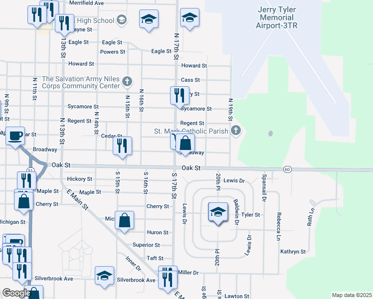 map of restaurants, bars, coffee shops, grocery stores, and more near 1728 Broadway in Niles