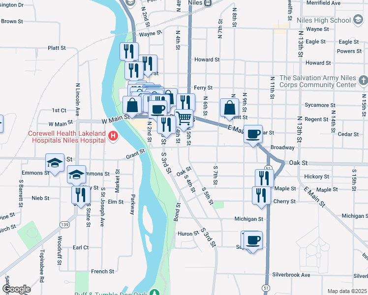 map of restaurants, bars, coffee shops, grocery stores, and more near 11 South 4th Street in Niles