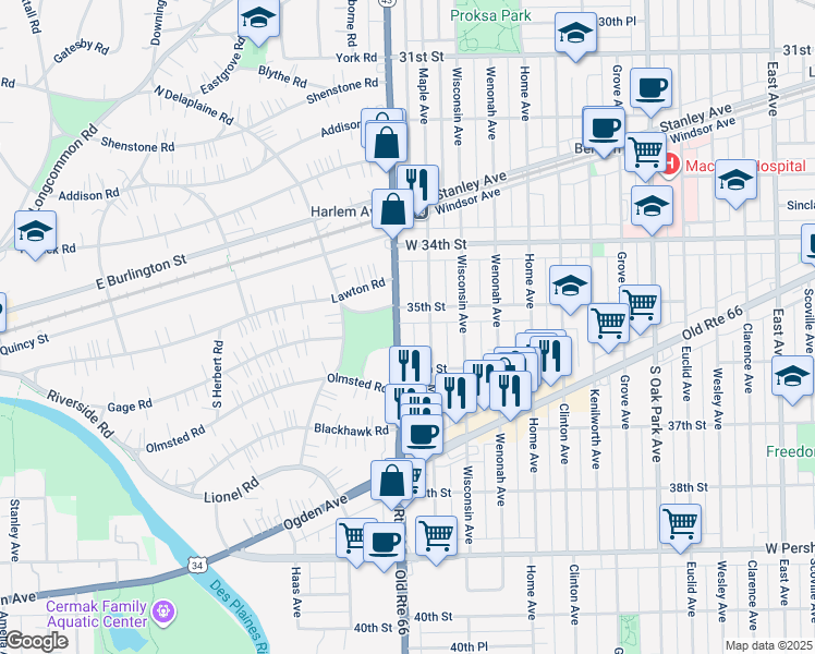 map of restaurants, bars, coffee shops, grocery stores, and more near 3517 Illinois 43 in Berwyn