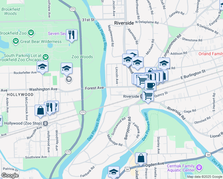 map of restaurants, bars, coffee shops, grocery stores, and more near 30 West Avenue in Riverside