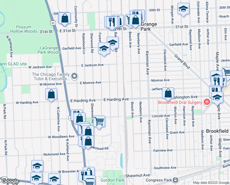 map of restaurants, bars, coffee shops, grocery stores, and more near 703 Barnsdale Road in La Grange Park