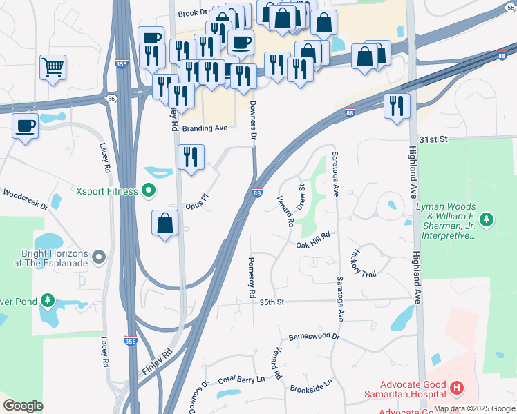 map of restaurants, bars, coffee shops, grocery stores, and more near 1441 Holland Place in Downers Grove