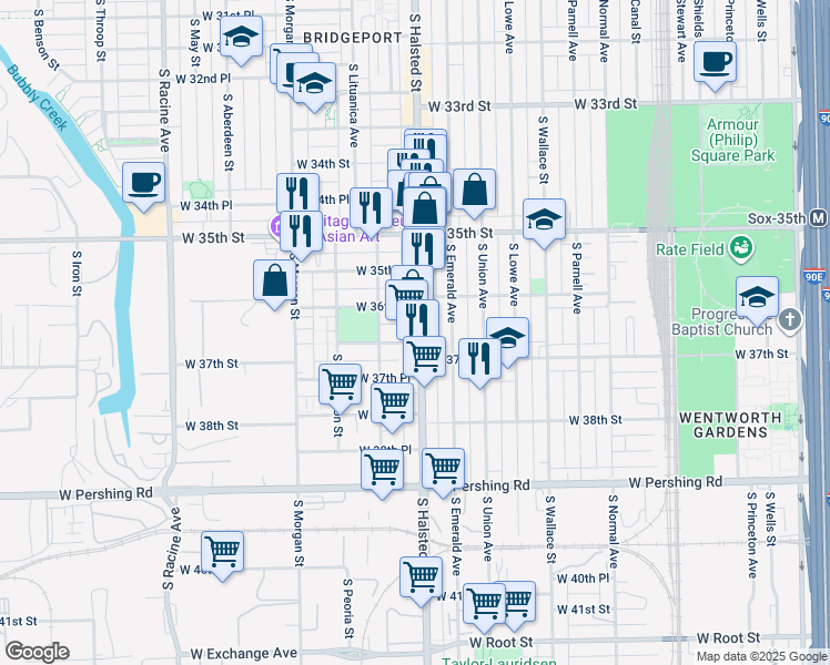 map of restaurants, bars, coffee shops, grocery stores, and more near 3624 South Halsted Street in Chicago