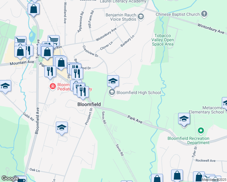 map of restaurants, bars, coffee shops, grocery stores, and more near 5 Huckleberry Lane in Bloomfield
