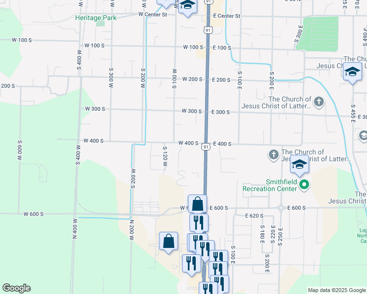 map of restaurants, bars, coffee shops, grocery stores, and more near 76 West 400 South in Smithfield