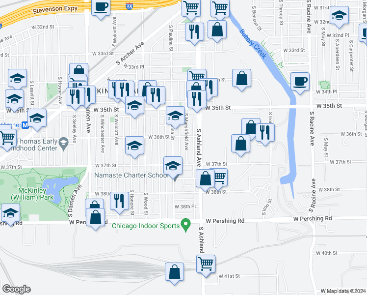 map of restaurants, bars, coffee shops, grocery stores, and more near 3626 South Marshfield Avenue in Chicago