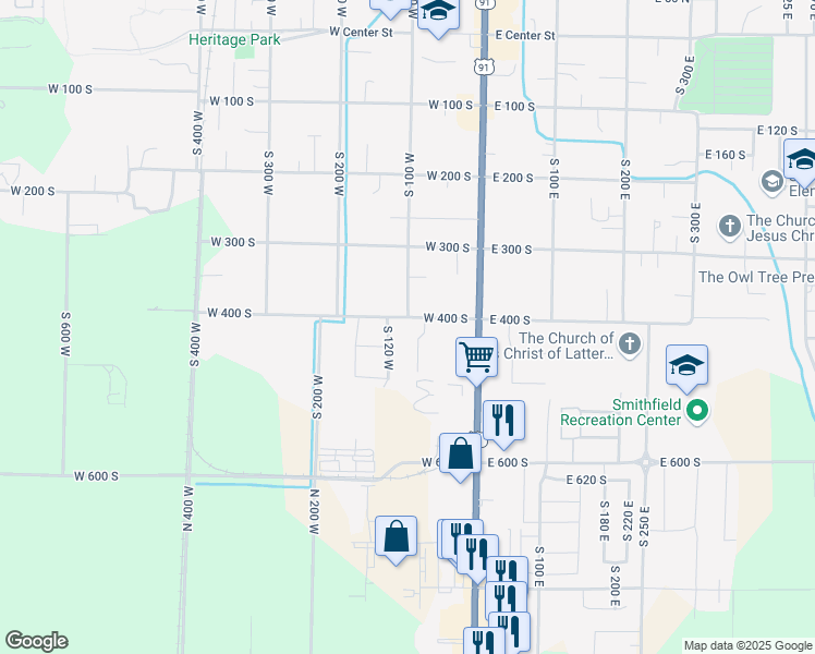 map of restaurants, bars, coffee shops, grocery stores, and more near 76 West 400 South in Smithfield