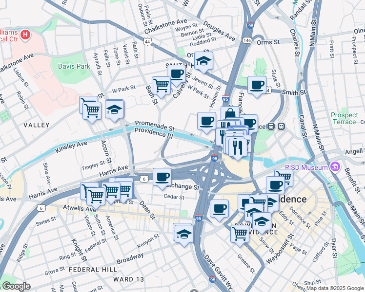 map of restaurants, bars, coffee shops, grocery stores, and more near 2 Harris Avenue in Providence