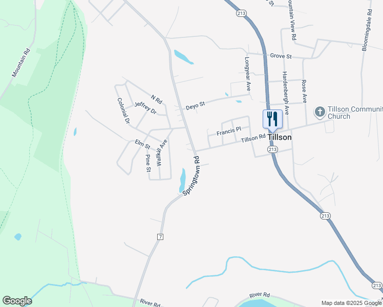 map of restaurants, bars, coffee shops, grocery stores, and more near 727 Springtown Road in Tillson
