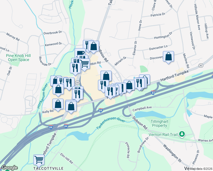 map of restaurants, bars, coffee shops, grocery stores, and more near 295 Hartford Turnpike in Vernon