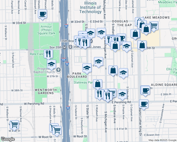 map of restaurants, bars, coffee shops, grocery stores, and more near 3647 South State Street in Chicago