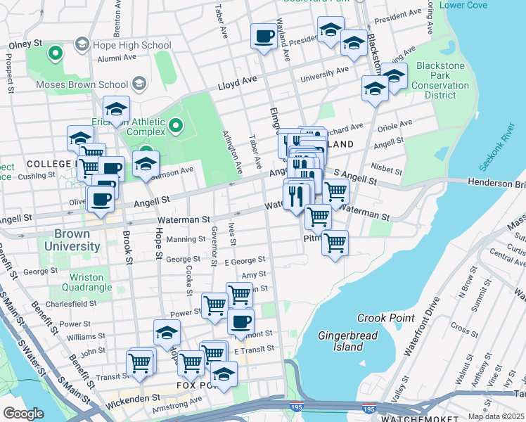 map of restaurants, bars, coffee shops, grocery stores, and more near 201 Waterman Street in Providence