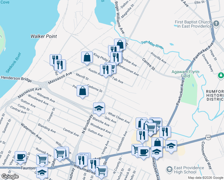 map of restaurants, bars, coffee shops, grocery stores, and more near 24 Dewey Avenue in East Providence