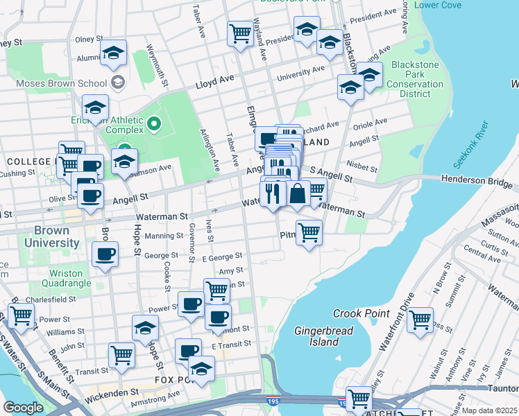 map of restaurants, bars, coffee shops, grocery stores, and more near 106 East Manning Street in Providence
