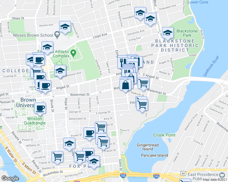 map of restaurants, bars, coffee shops, grocery stores, and more near 238 Gano Street in Providence