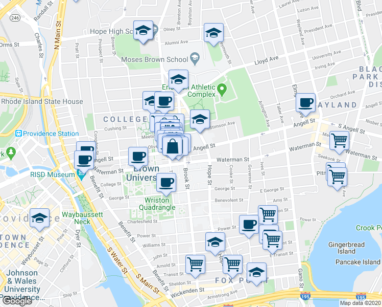 map of restaurants, bars, coffee shops, grocery stores, and more near 127 Waterman Street in Providence