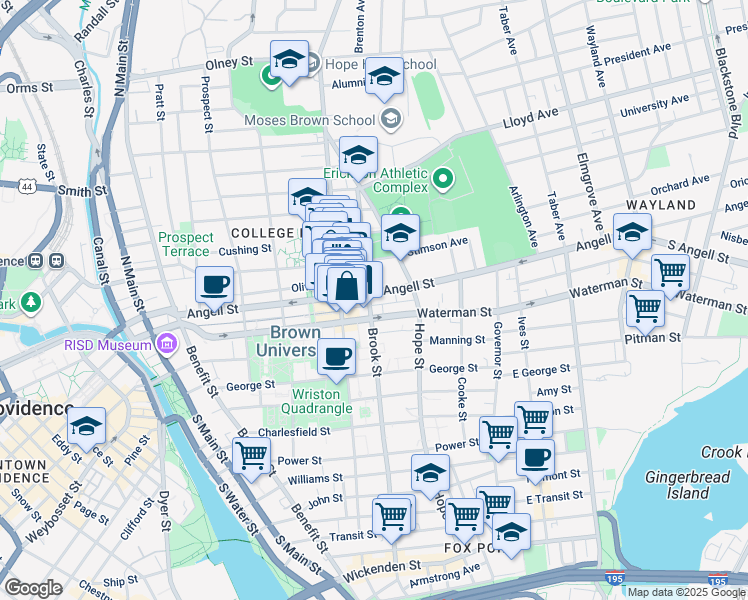 map of restaurants, bars, coffee shops, grocery stores, and more near 127 Waterman Street in Providence