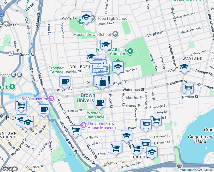map of restaurants, bars, coffee shops, grocery stores, and more near 216 Thayer Street in Providence