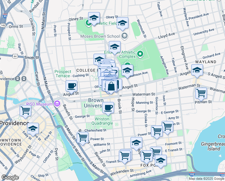 map of restaurants, bars, coffee shops, grocery stores, and more near 216 Thayer Street in Providence