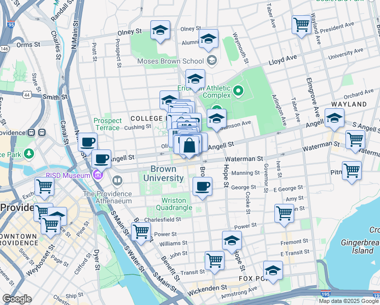 map of restaurants, bars, coffee shops, grocery stores, and more near 216 Thayer Street in Providence