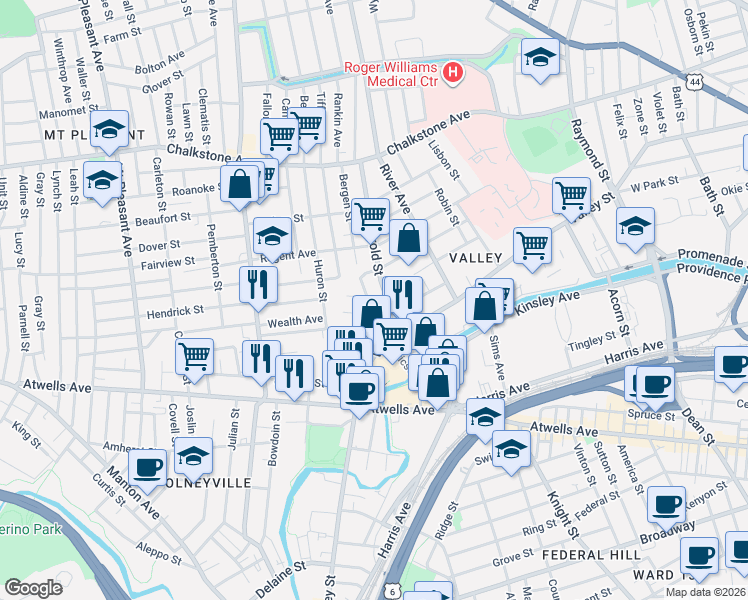 map of restaurants, bars, coffee shops, grocery stores, and more near 4 Dorr Street in Providence