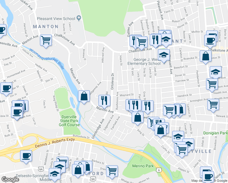 map of restaurants, bars, coffee shops, grocery stores, and more near 62 Rushmore Avenue in Providence