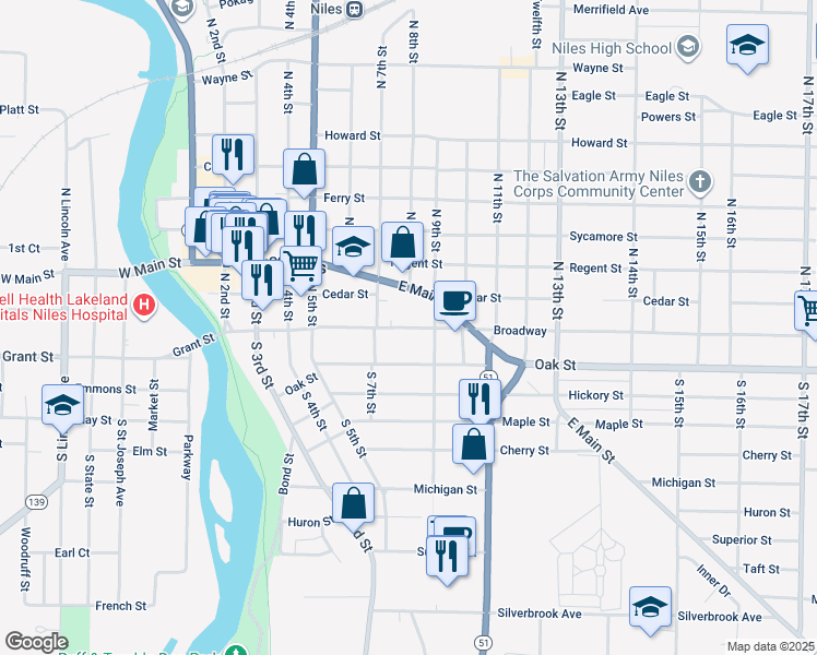 map of restaurants, bars, coffee shops, grocery stores, and more near 736 Broadway Street in Niles