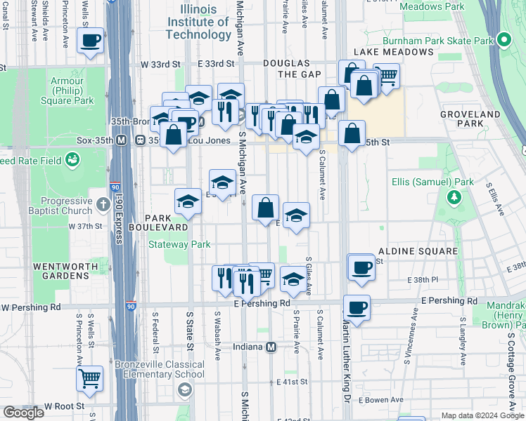 map of restaurants, bars, coffee shops, grocery stores, and more near in Chicago