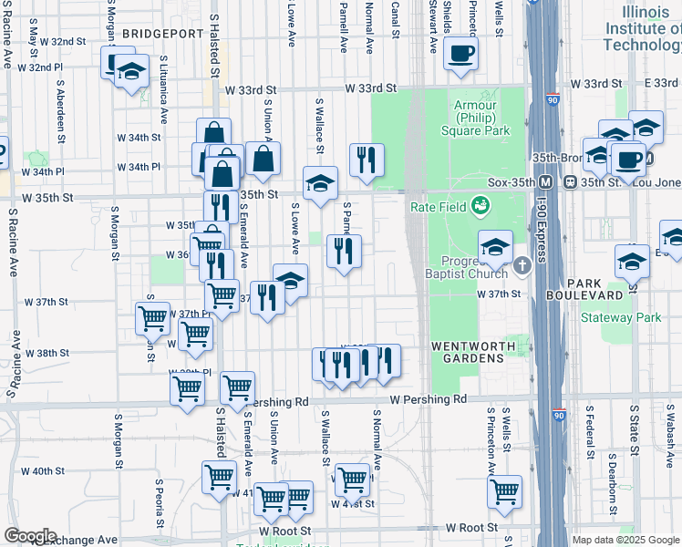 map of restaurants, bars, coffee shops, grocery stores, and more near 544 West 37th Street in Chicago