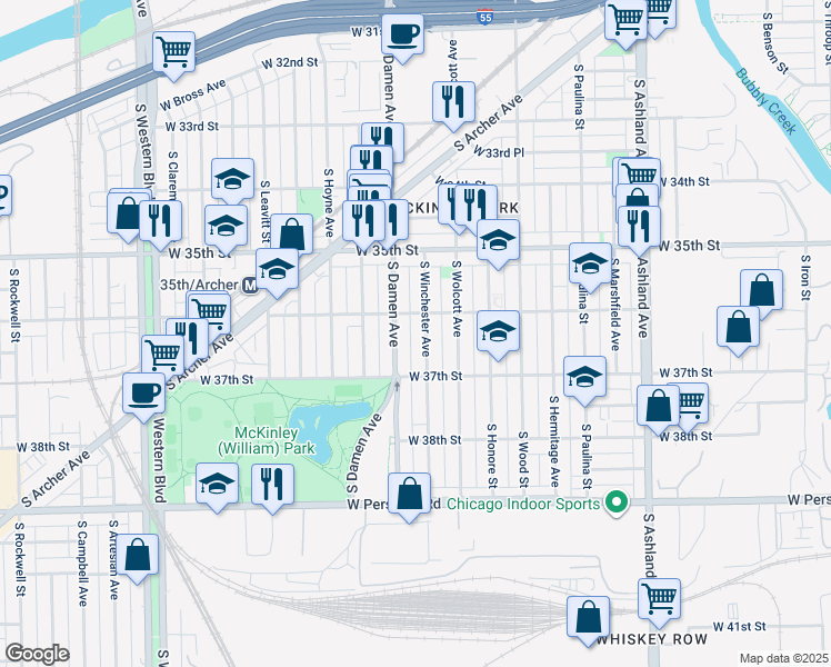 map of restaurants, bars, coffee shops, grocery stores, and more near 3637 South Damen Avenue in Chicago