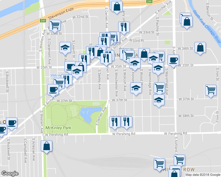 map of restaurants, bars, coffee shops, grocery stores, and more near 3637 South Damen Avenue in Chicago
