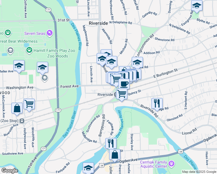 map of restaurants, bars, coffee shops, grocery stores, and more near 62 Pine Avenue in Riverside
