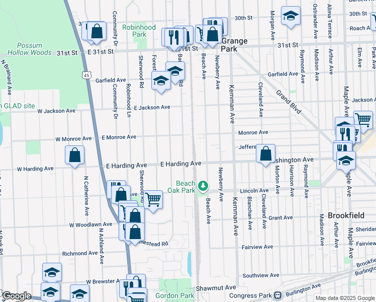 map of restaurants, bars, coffee shops, grocery stores, and more near 703 Barnsdale Road in La Grange Park