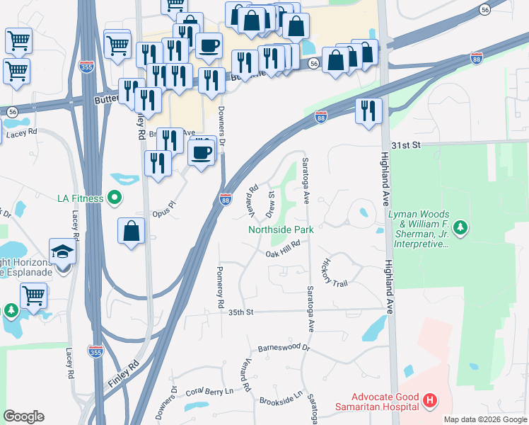 map of restaurants, bars, coffee shops, grocery stores, and more near 3280 Venard Road in Downers Grove