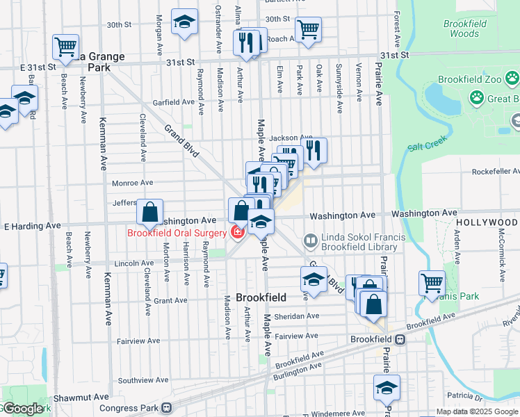 map of restaurants, bars, coffee shops, grocery stores, and more near in Brookfield