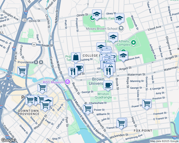 map of restaurants, bars, coffee shops, grocery stores, and more near 90 Angell Street in Providence