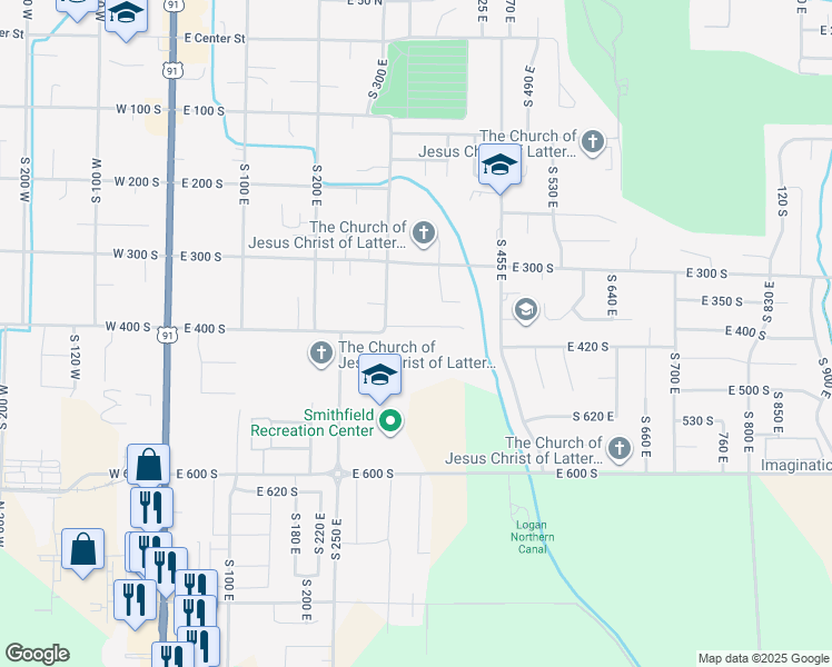map of restaurants, bars, coffee shops, grocery stores, and more near 350 E 400 S in Smithfield