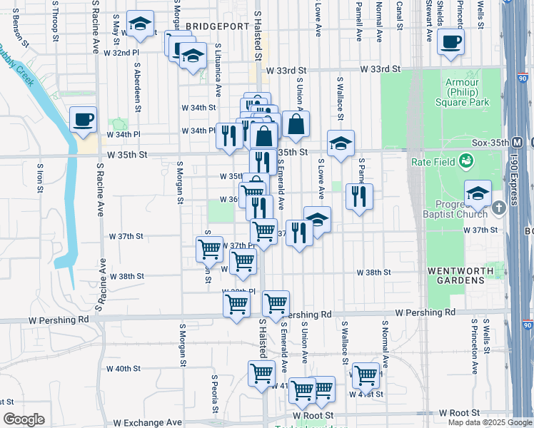 map of restaurants, bars, coffee shops, grocery stores, and more near 3648 South Emerald Avenue in Chicago