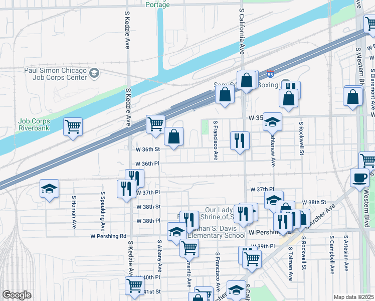 map of restaurants, bars, coffee shops, grocery stores, and more near 3508 South Sacramento Avenue in Chicago