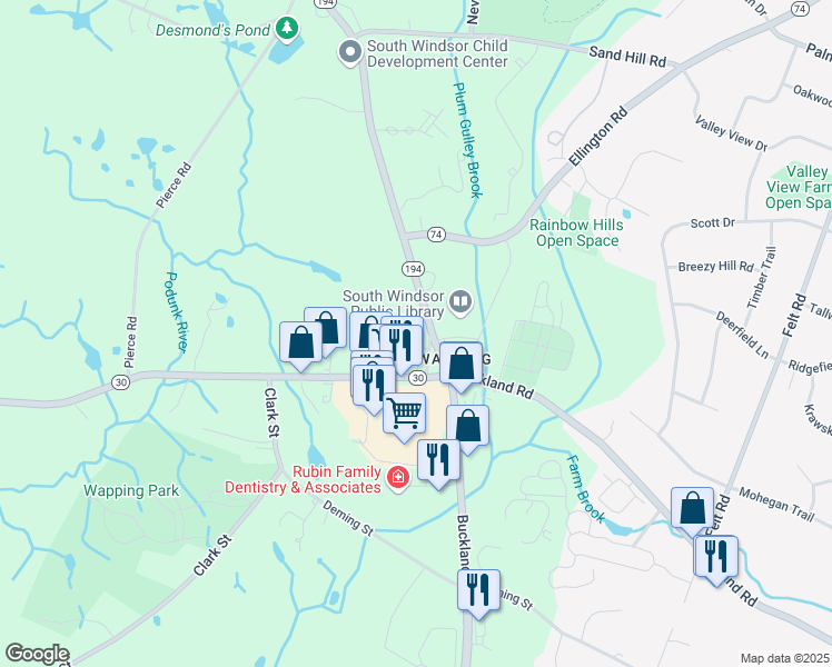 map of restaurants, bars, coffee shops, grocery stores, and more near 1559 Sullivan Avenue in South Windsor