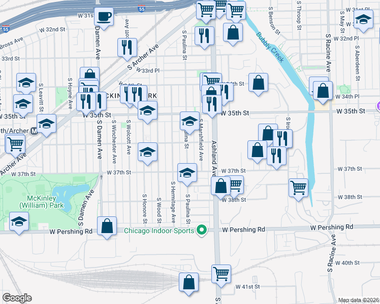 map of restaurants, bars, coffee shops, grocery stores, and more near 3621 South Paulina Street in Chicago