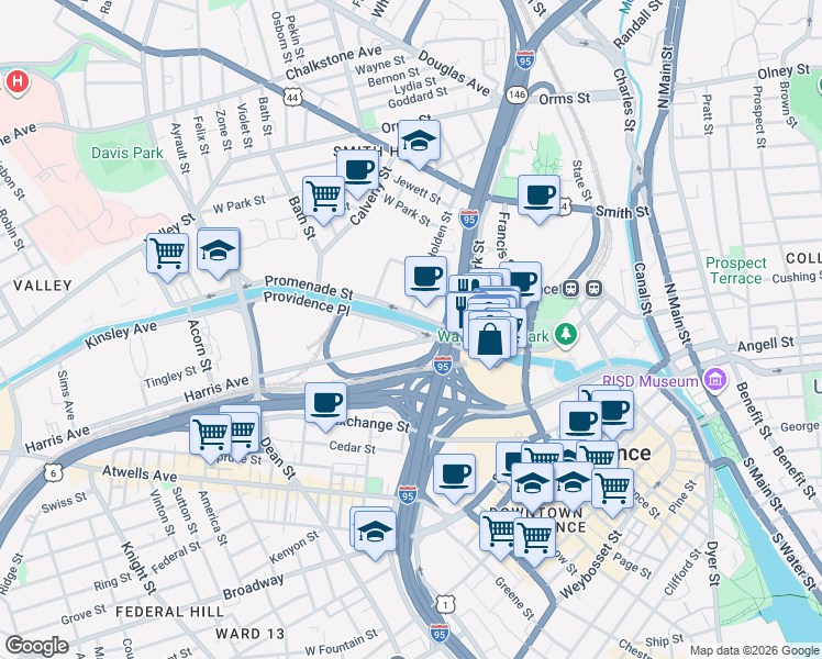 map of restaurants, bars, coffee shops, grocery stores, and more near Providence Place in Providence