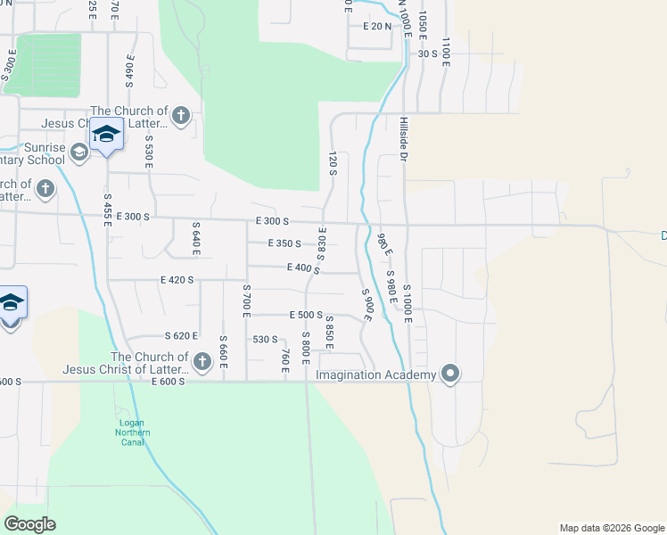 map of restaurants, bars, coffee shops, grocery stores, and more near 851 East 400 South in Smithfield
