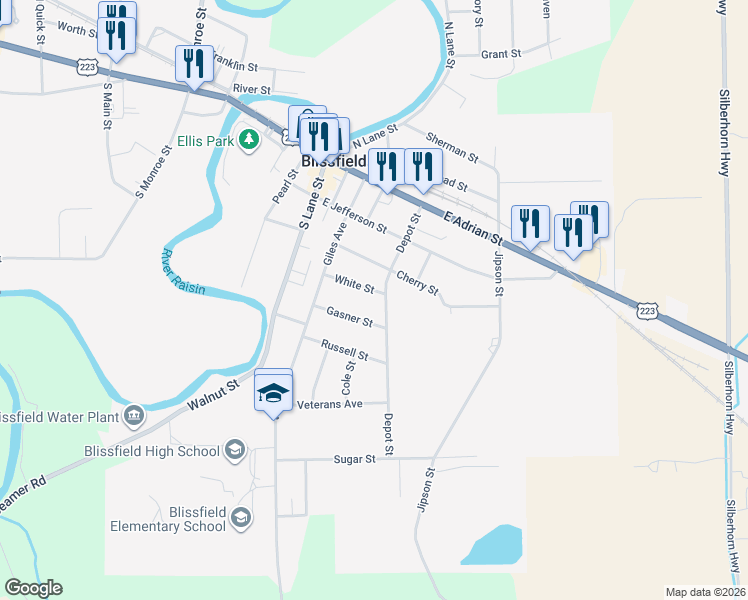 map of restaurants, bars, coffee shops, grocery stores, and more near 227 Gasner Street in Blissfield