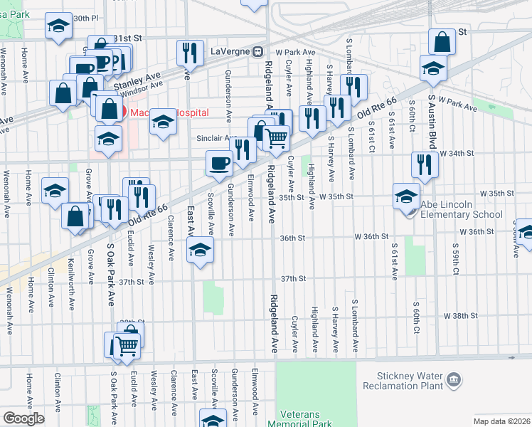map of restaurants, bars, coffee shops, grocery stores, and more near 3540 Ridgeland Avenue in Berwyn