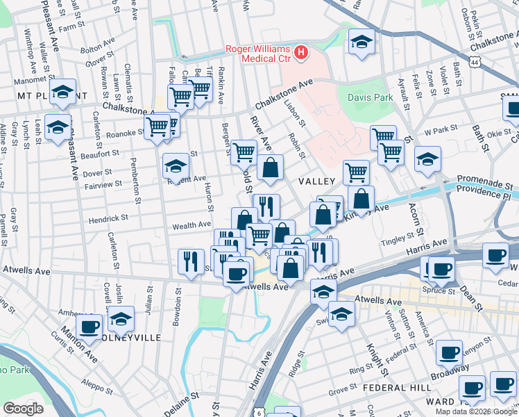 map of restaurants, bars, coffee shops, grocery stores, and more near 380 Valley Street in Providence