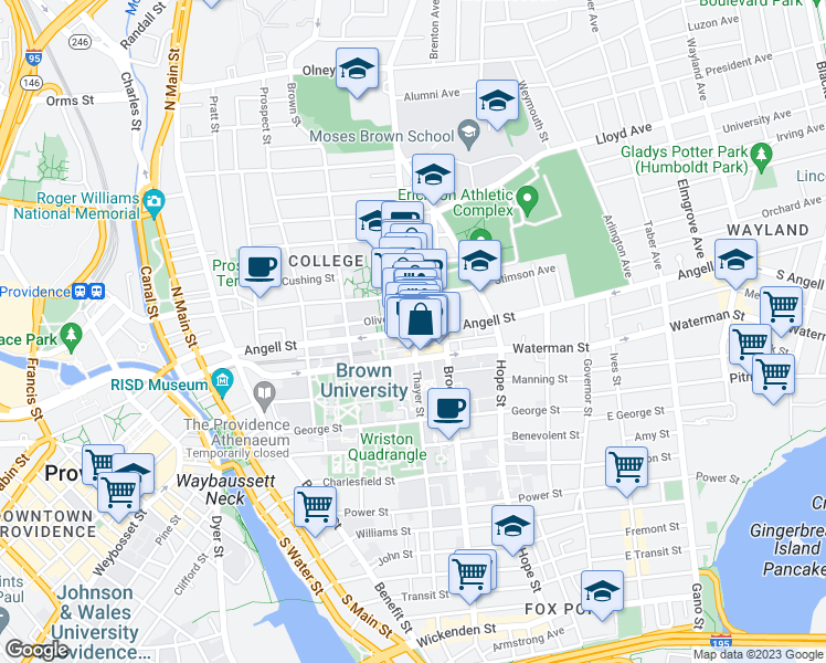map of restaurants, bars, coffee shops, grocery stores, and more near Angell St & Thayer St in Providence