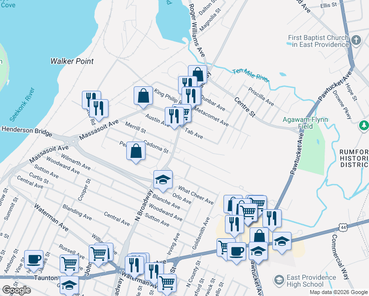 map of restaurants, bars, coffee shops, grocery stores, and more near 24 Dewey Avenue in East Providence