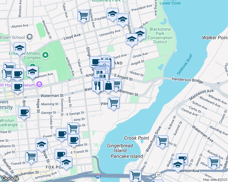 map of restaurants, bars, coffee shops, grocery stores, and more near 49 Seekonk Street in Providence